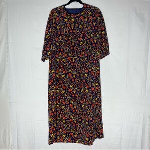 Vintage Blue Red Yellow Floral Corduroy Half Sleeve Zip Front House Robe M